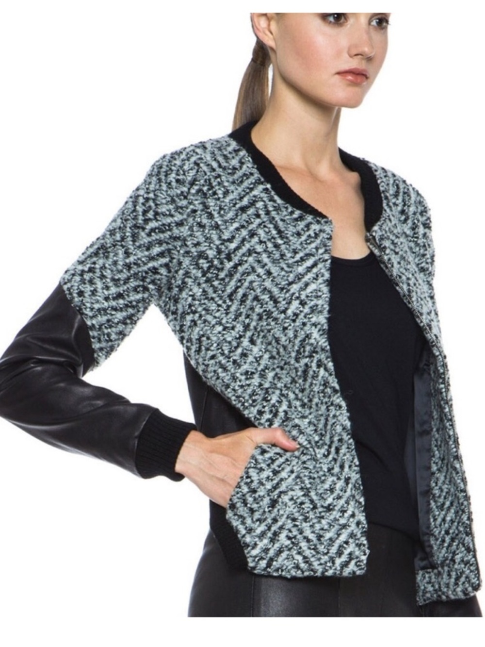 Thakoon Addition Tweed Leather Sleeve Jacket Size 0 Zip Front High Low